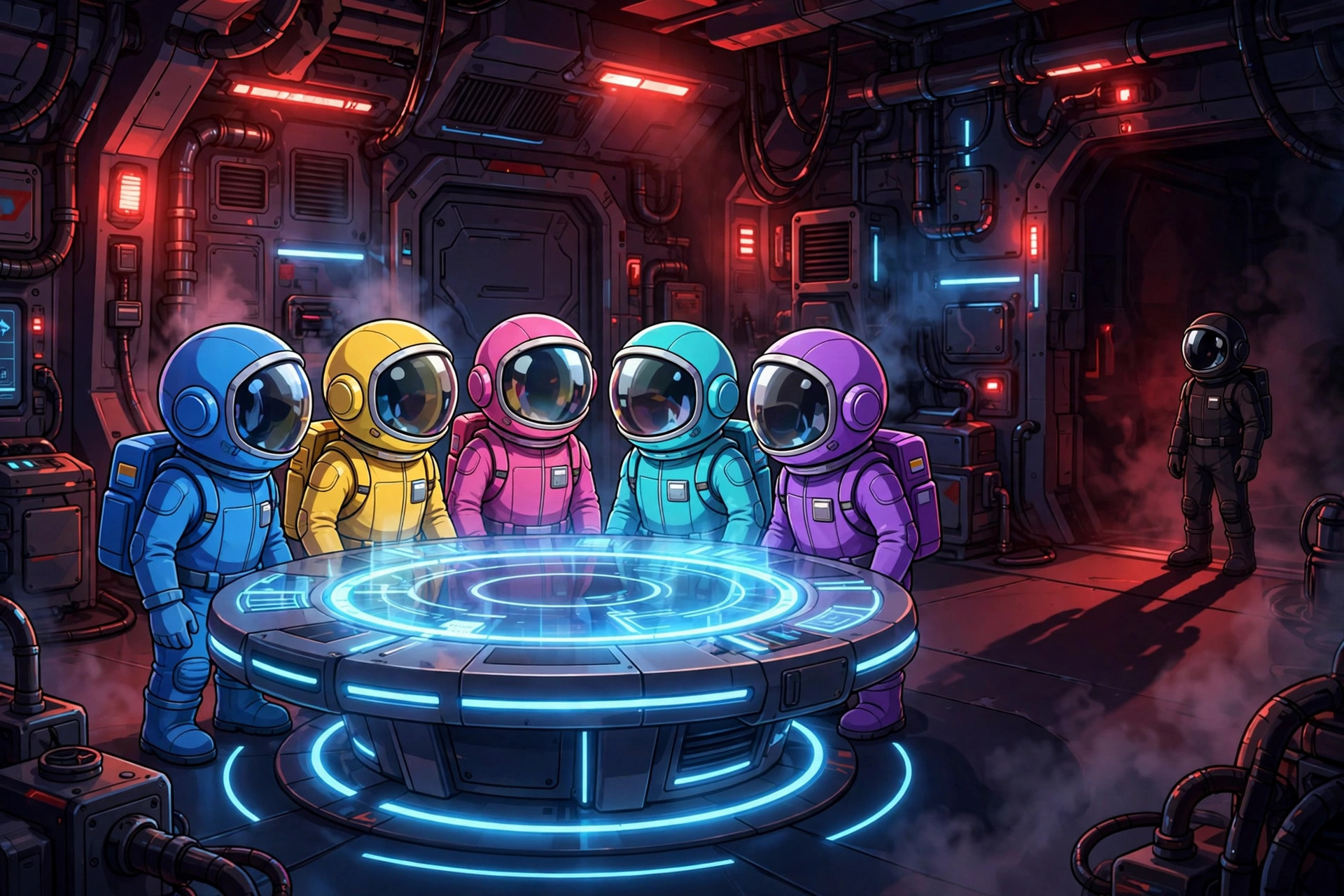 Colorful spacesuit-clad astronauts gathered around a glowing emergency meeting table in a red-lit spaceship, with one shadowy figure standing apart in suspicion