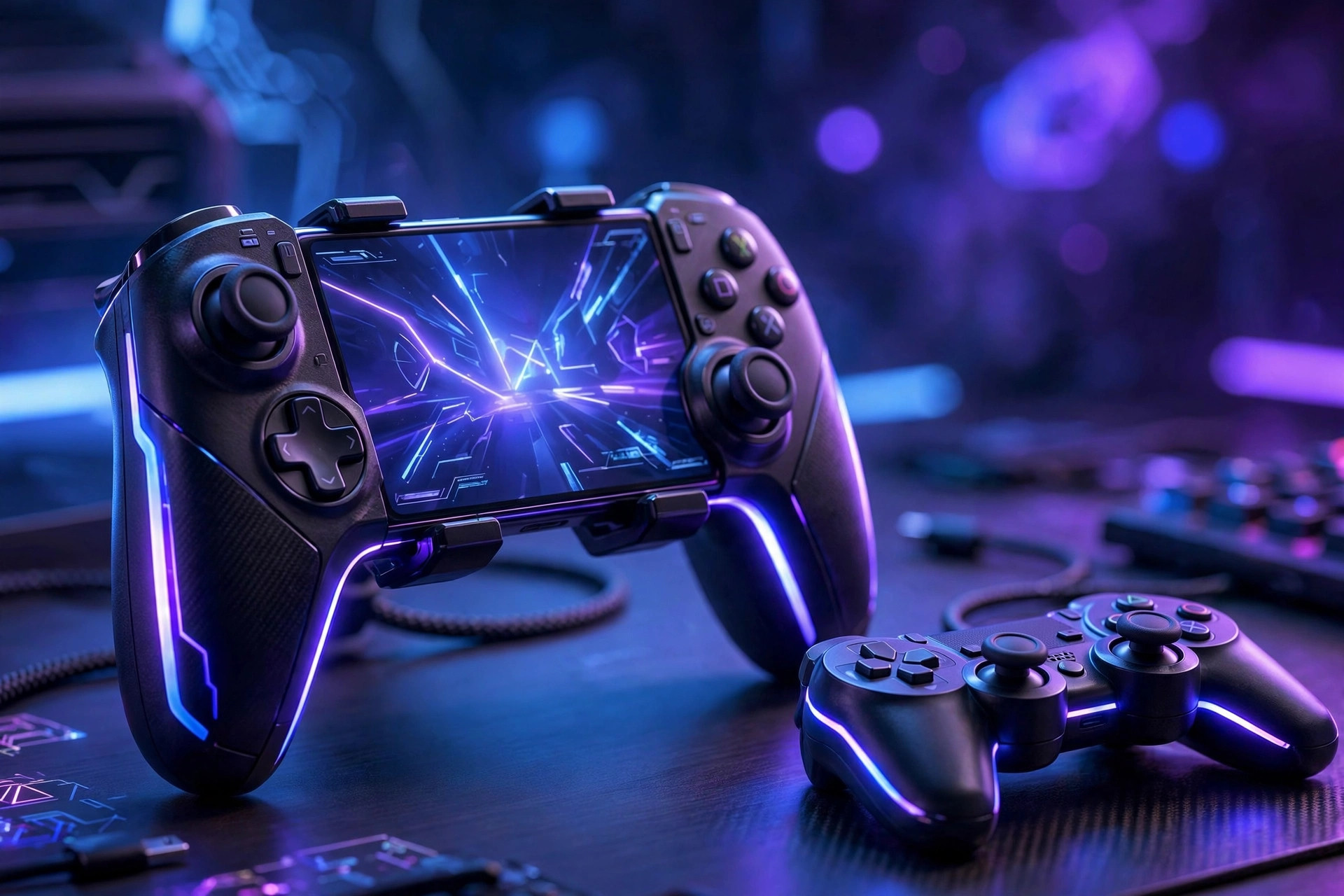 Smartphone docked in a telescopic mobile game controller beside a console-style gamepad, glowing with blue and purple neon light
