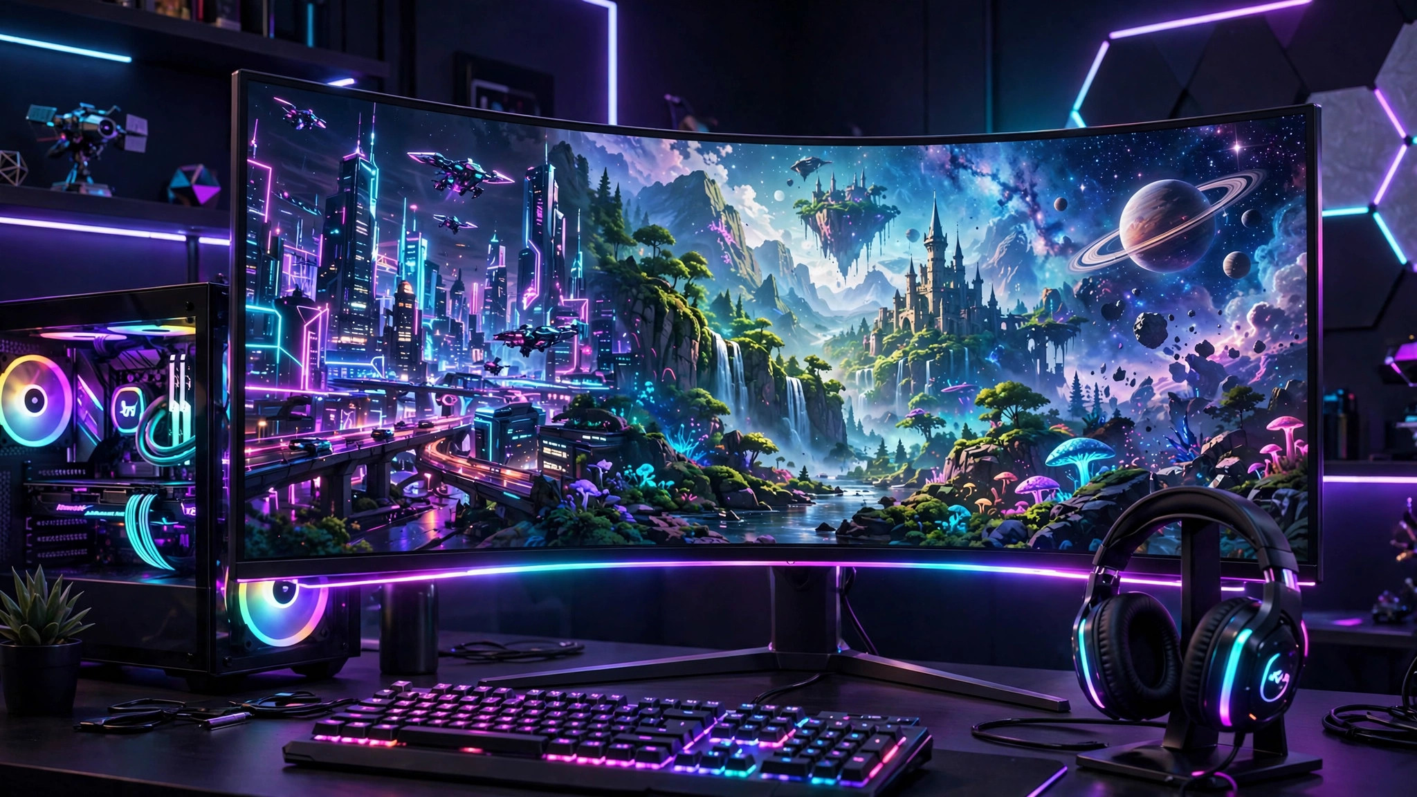 RGB gaming PC battlestation with a wide monitor showing a panoramic game world blending a neon city, a fantasy landscape and a starry space vista