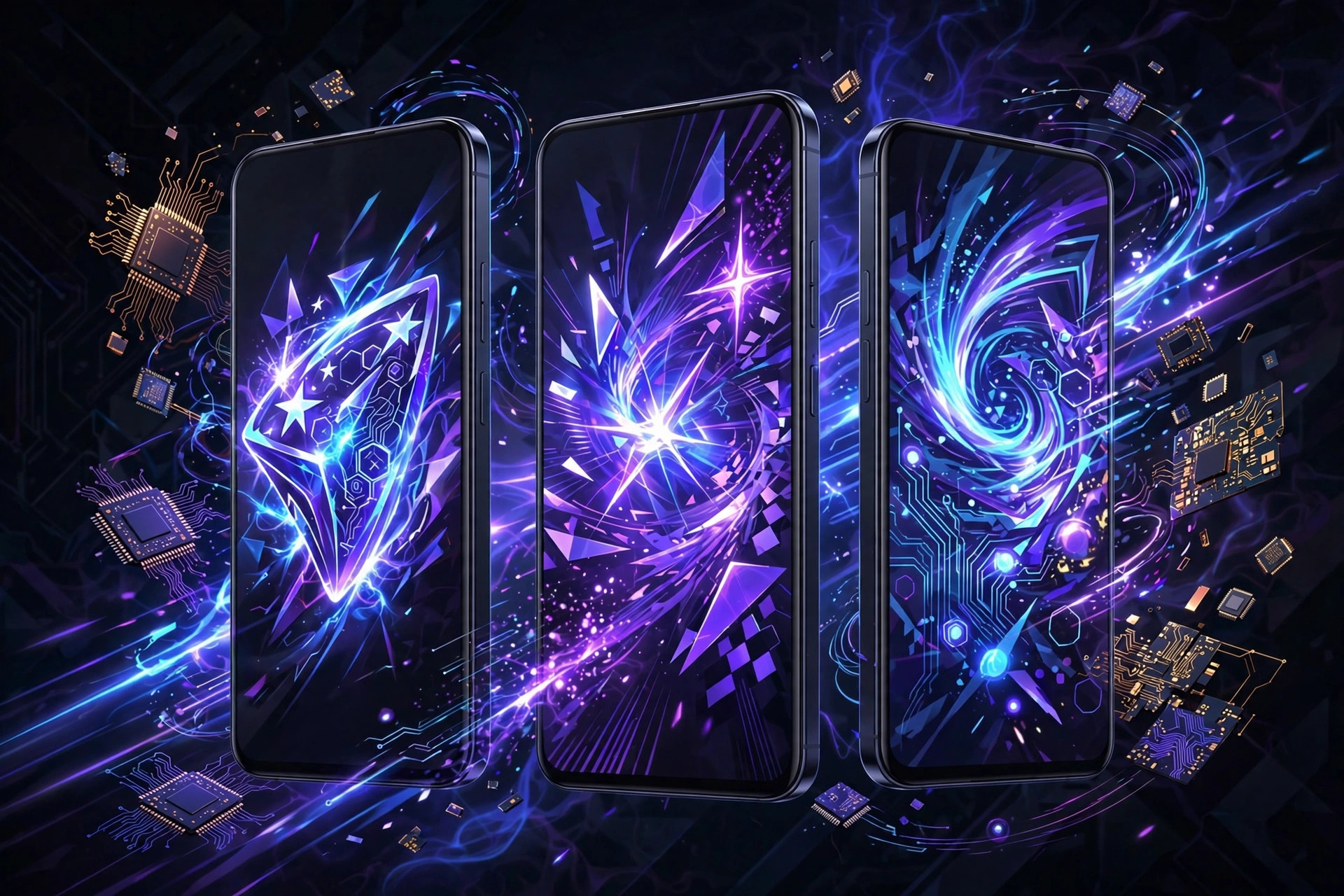 Three sleek smartphones with vivid gaming graphics on their screens, surrounded by floating processor-chip and circuit accents in neon blue-purple