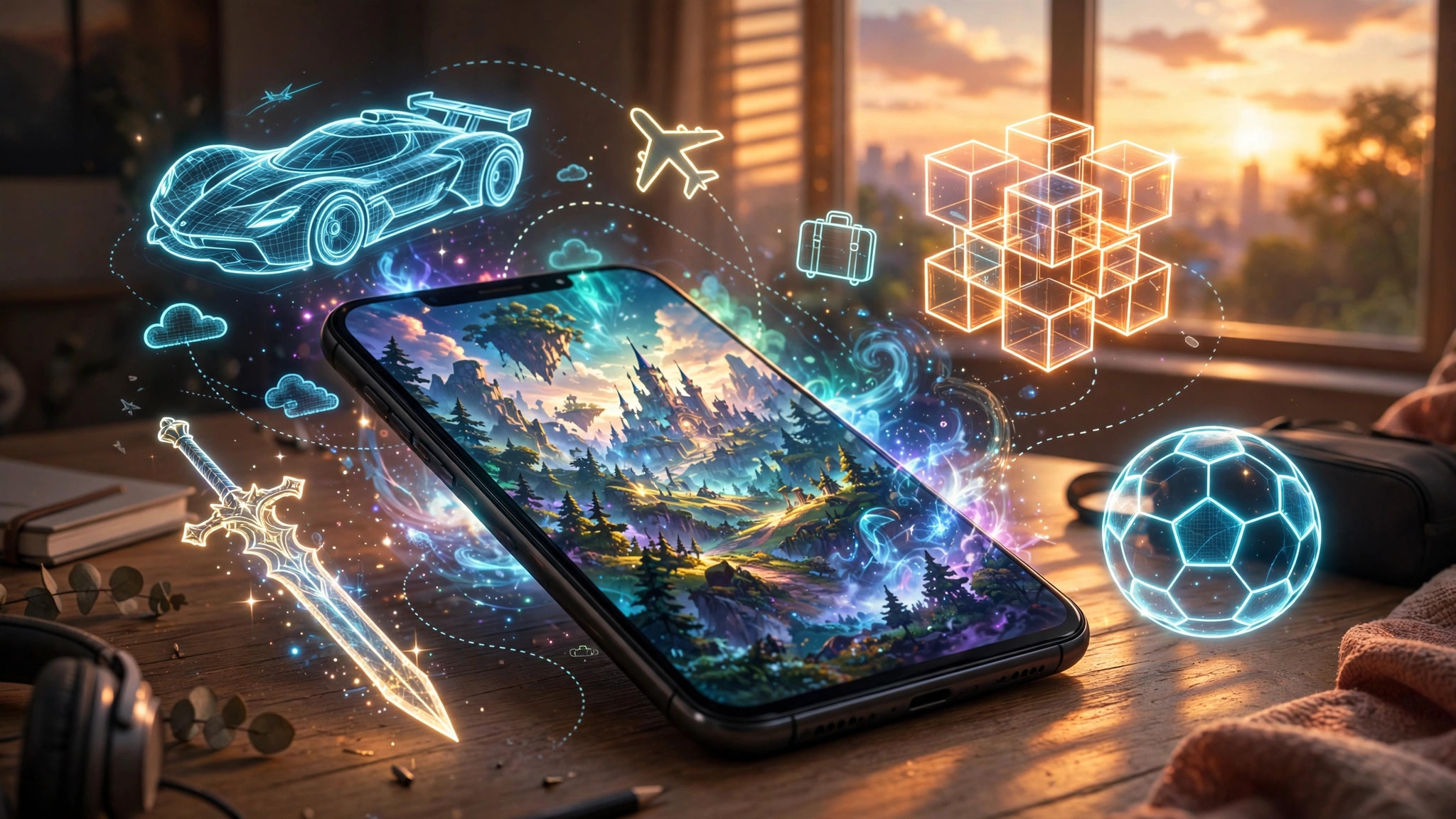 Smartphone glowing with a fantasy game world on screen, surrounded by holographic genre symbols of a race car, puzzle cube, sword and ball in warm sunset light