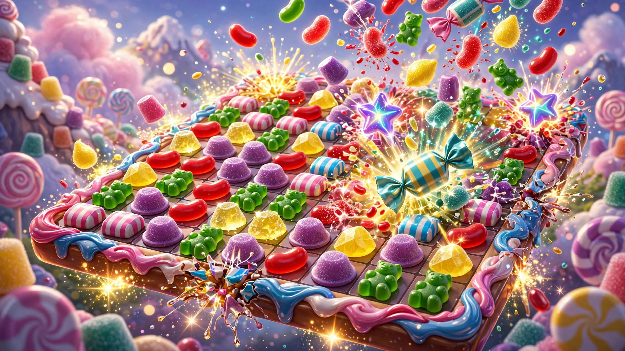 Glossy colorful candy pieces, jelly beans, gummy bears, gumdrops and glowing special candies cascading and bursting with sparkles on a giant candy board