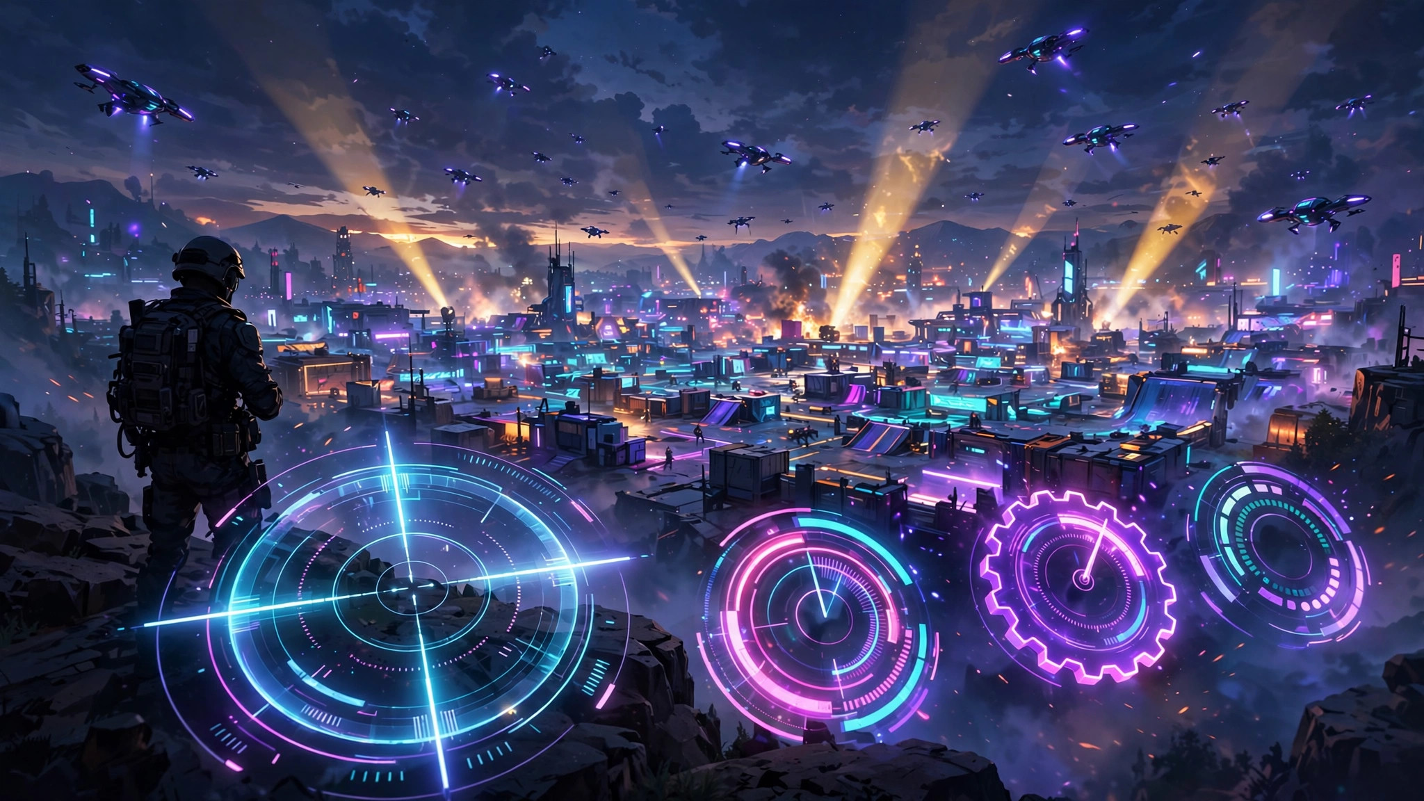 Silhouetted soldier overlooking a neon-lit battle arena at dusk, with a glowing crosshair reticle and abstract settings-dial shapes floating nearby
