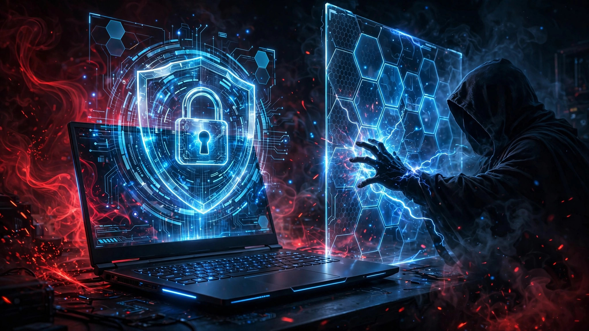 Gaming laptop projecting a glowing padlock-shield hologram that blocks a shadowy hooded figure, blue protective light against red warning glow