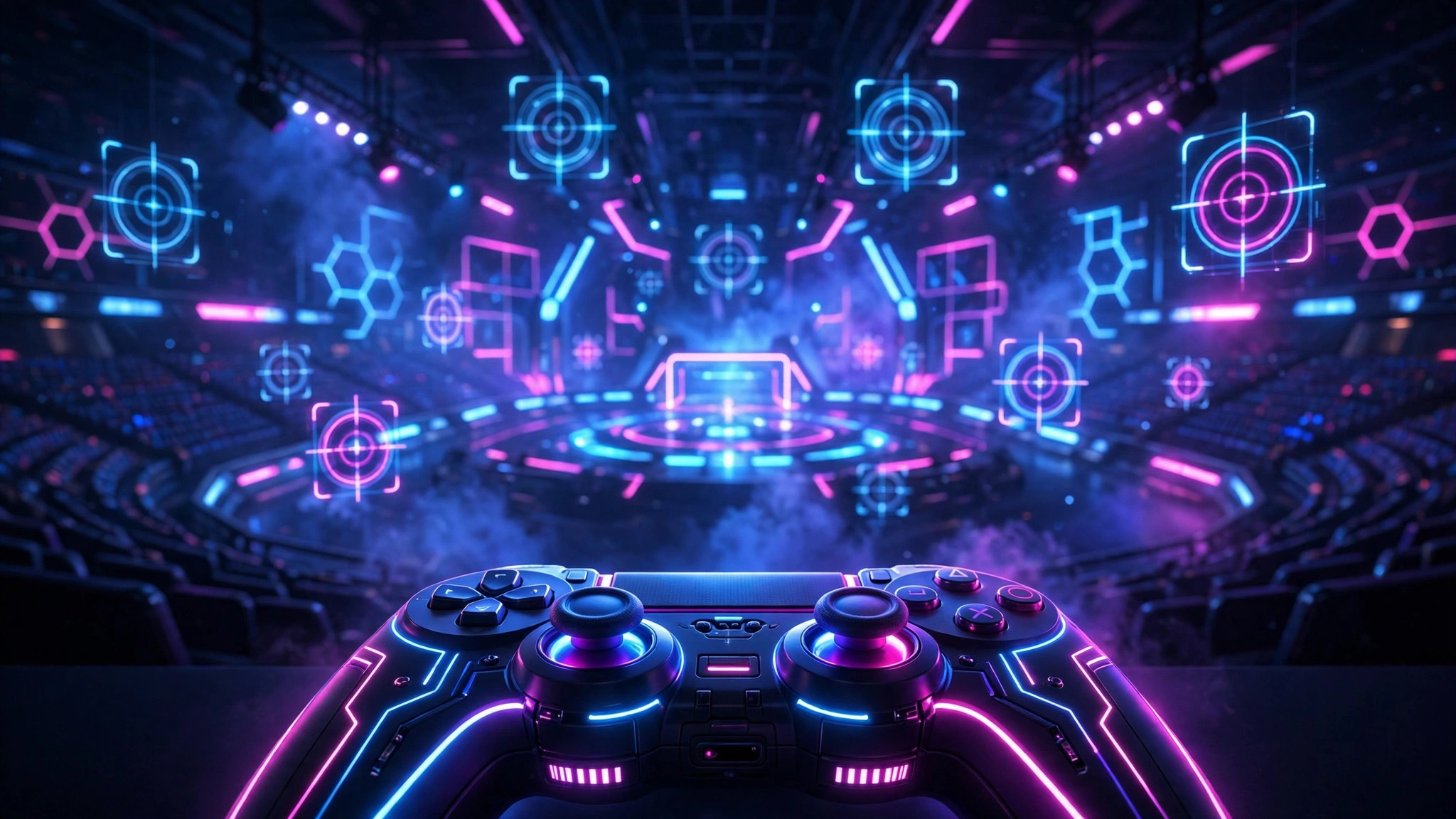 Neon-lit esports arena with a glowing game controller and floating crosshair reticles for aim training