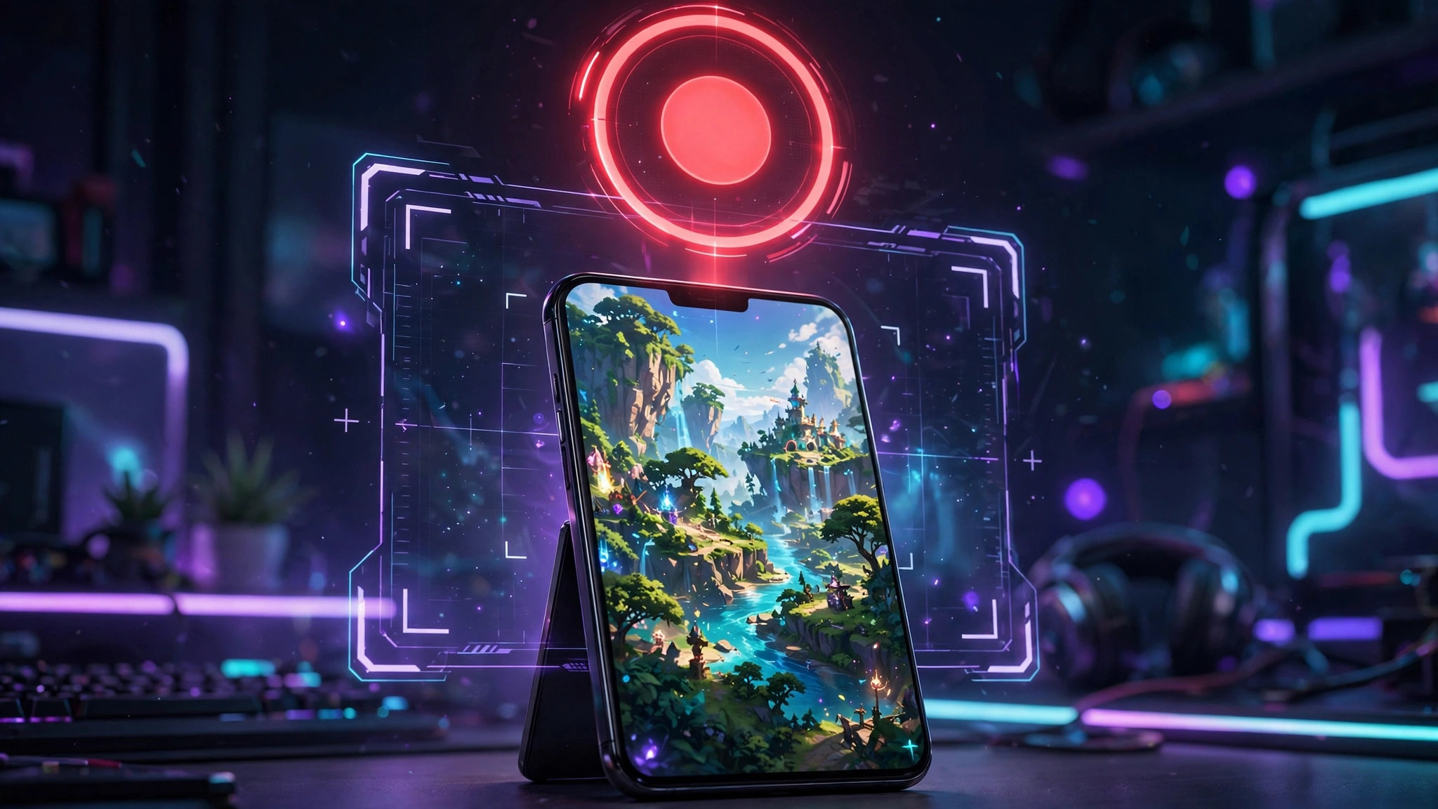 Smartphone displaying gameplay with a glowing record button overlay on a neon gamer setup desk