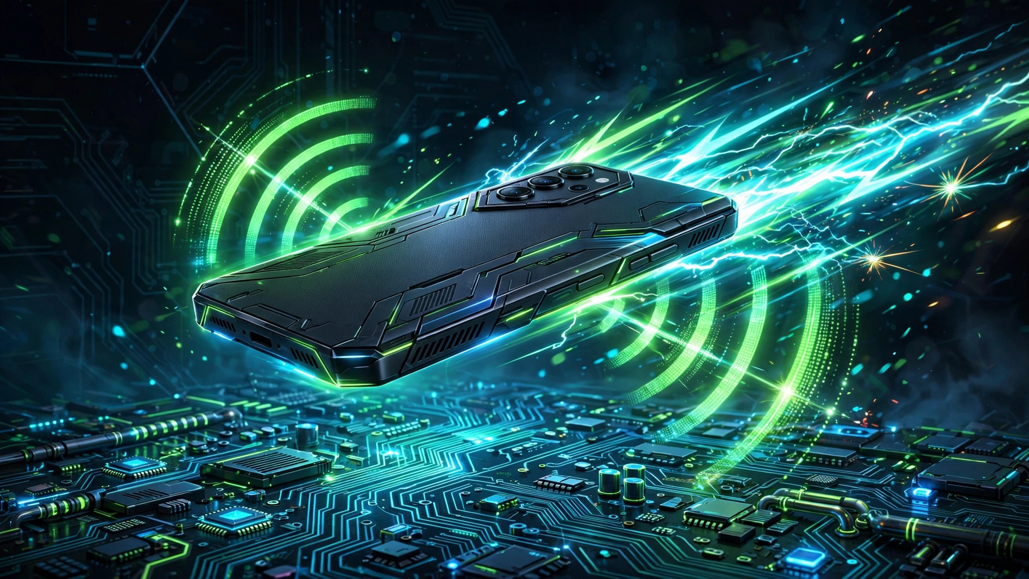 Gaming smartphone emitting lightning speed trails and glowing Wi-Fi signal waves over a circuit-style desk