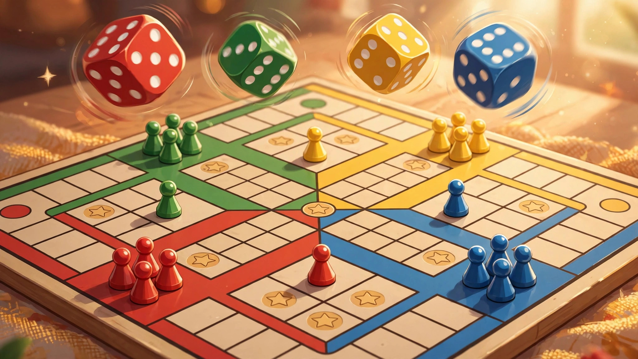 Colorful dice and game tokens tumbling over a board-game track with safe-square markers