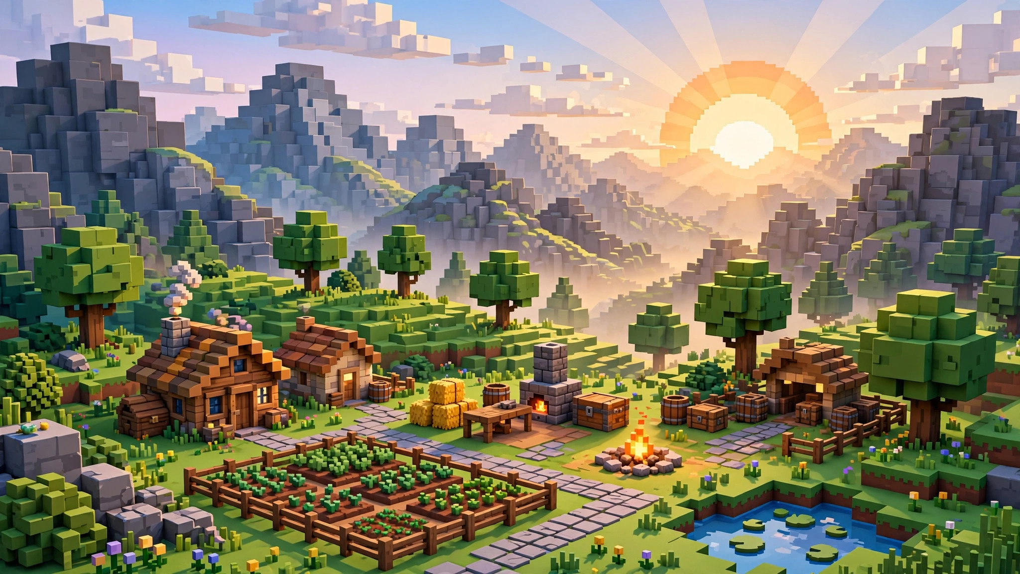 Blocky voxel landscape with cube trees, mountains and a rising sun over a pixel-style village
