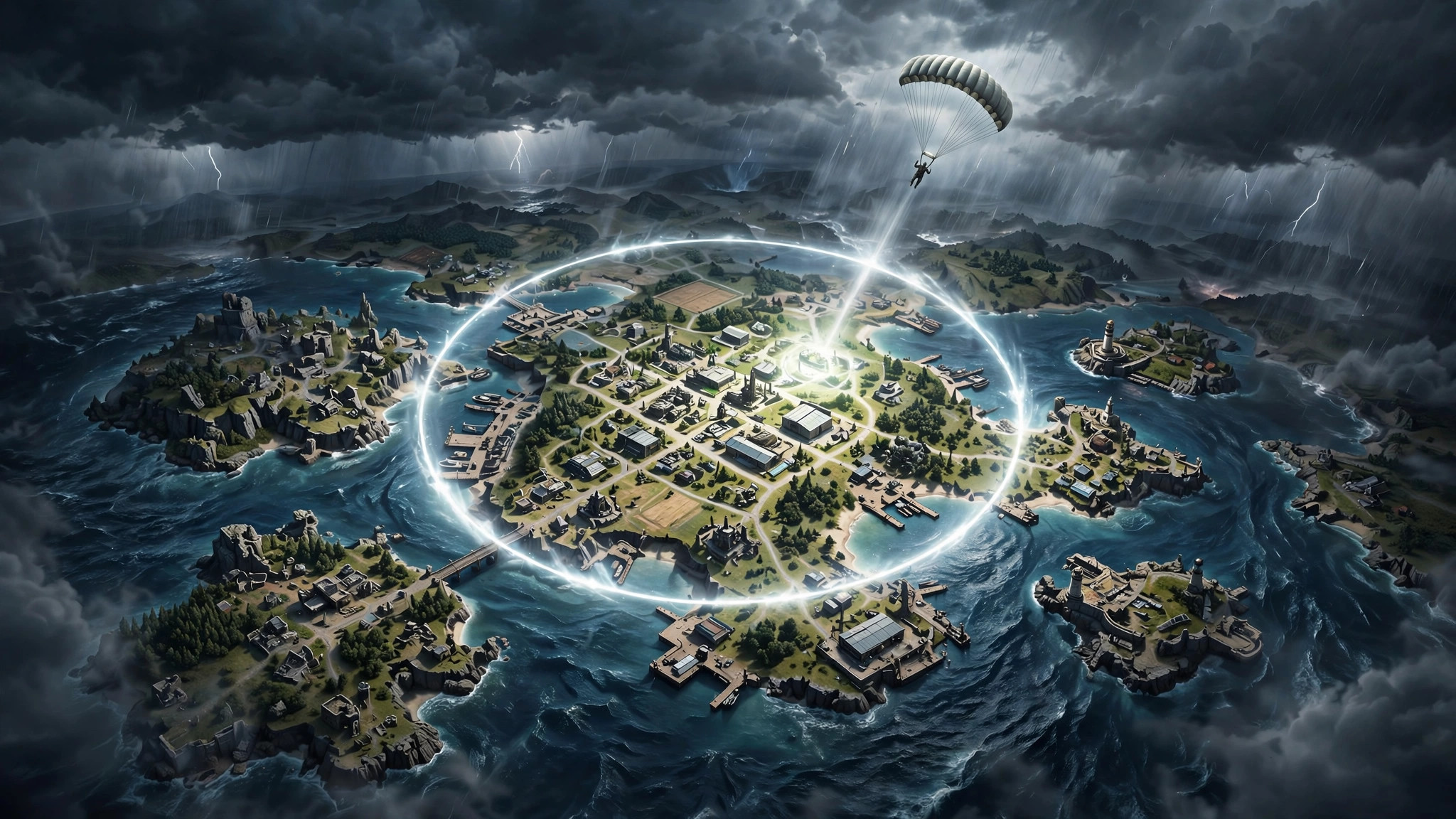 Battle-royale arena concept art with a glowing shrinking safe-zone circle and a descending parachute
