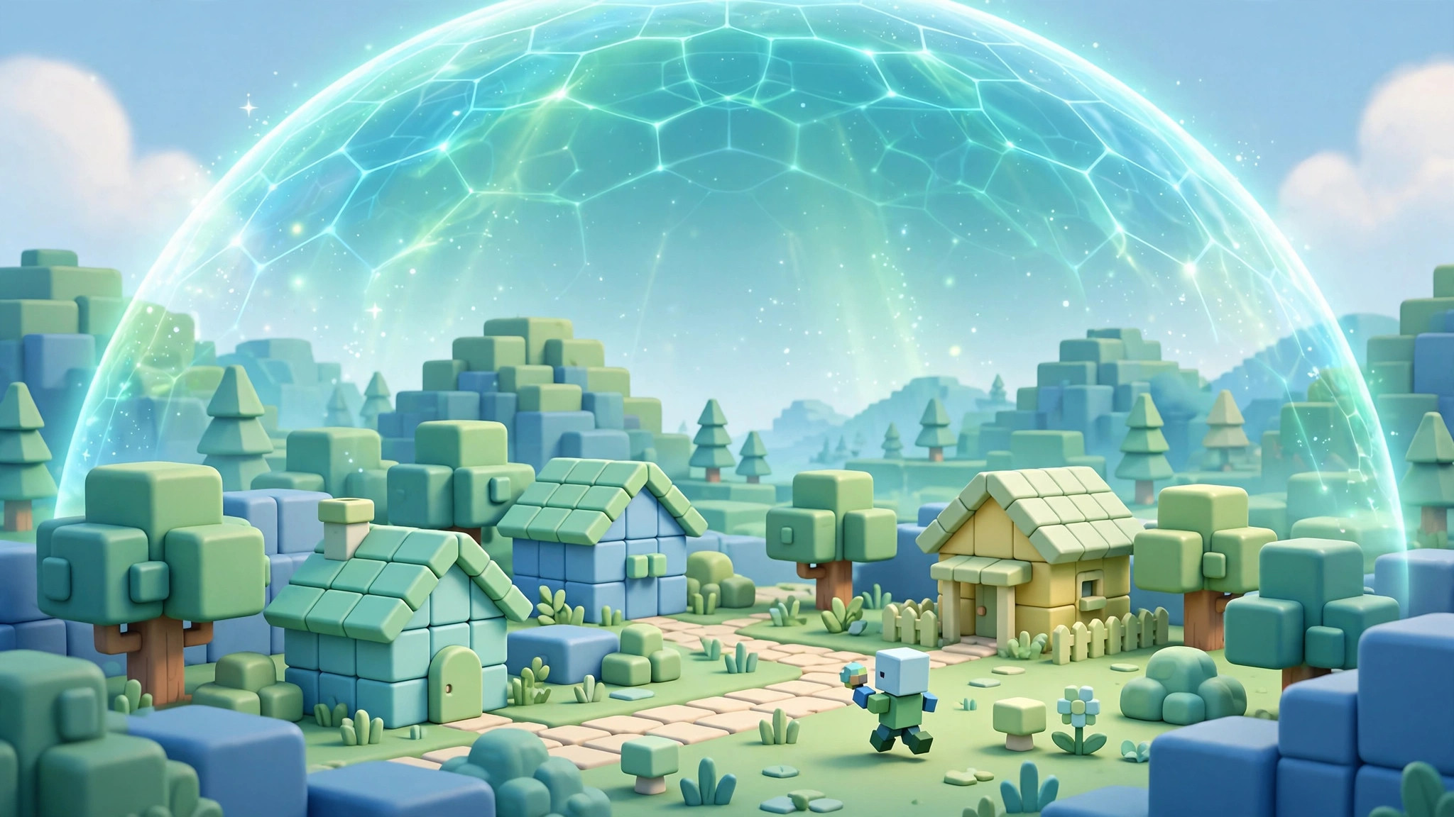 Glowing protective shield over a cheerful blocky game world with a blocky avatar playing